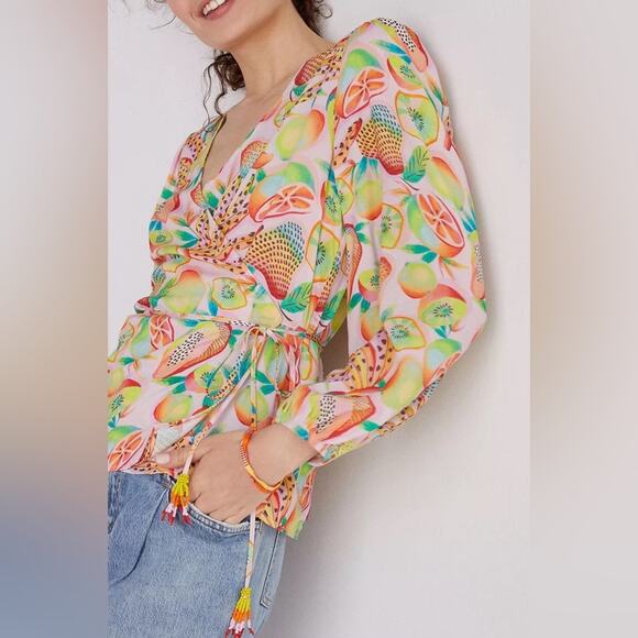 Farm Rio Rainforest Long Sleeves Blouse Fruits Print Wrap V-Neck Yellow Size XS - Picture 2 of 16